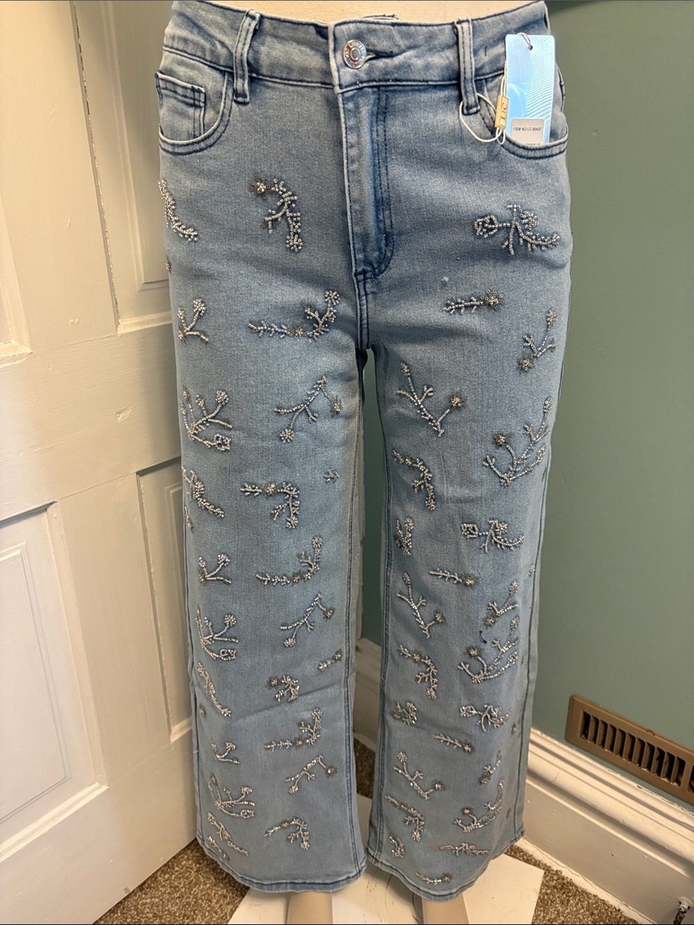 Embellished Light Blue Wide-Leg Jeans